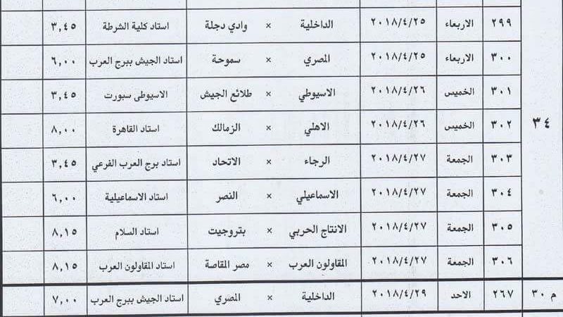 جدول المباريات