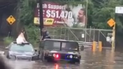 فيديو.. لقطات مضحكة لضباط ينقذون عروسا عالقة فوق سيارة 