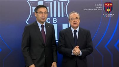 فيديو .. رئيس برشلونة يلتقي مع فلورنتينو بيريز  قبل كلاسيكو الأرض