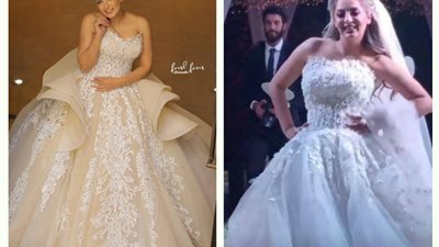 أنهي أحلى.. فستان زفاف مي حلمي الثاني يخطف الأنظار