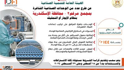 في إطار استراتيجية وزارة الصناعة لتعميق التصنيع المحلي ودعم قطاع المشروعات الصغيرة والمتوسطة  هيئة التنمية الصناعية تعلن طرح عدد من الوحدات الصناعية الجاهزة بمجمع مرغم ٢ بمحافظة الإسكندرية