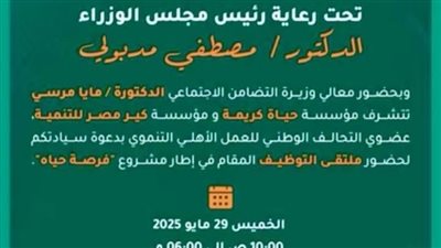 «مجلس الوزراء» يقيم ملتقى توظيفي بالتعاون مع «حياة كريمة» .. الخميس المقبل