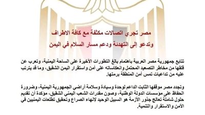  مصر تجري اتصالات مكثفة مع كافة الأطراف وتدعو إلى التهدئة في اليمن
