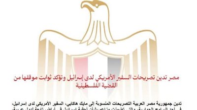 مصر تدين تصريحات السفير الأمريكي لدى إسرائيل وتؤكد موقفها من القضية الفلسطينية 