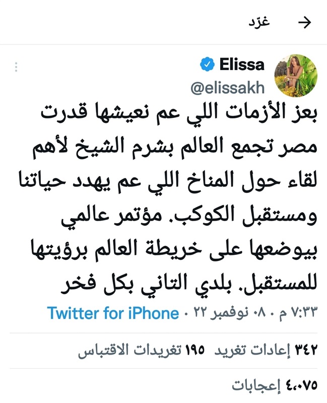 اليسا:"مصر تجمع العالم" والمغردون يسألون:"طب ليه بتدعمي علاء عبد الفتاح!؟"